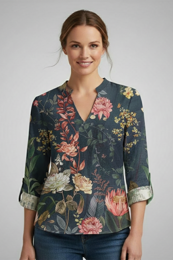 Colorful petal women shirt style top with notch neckline