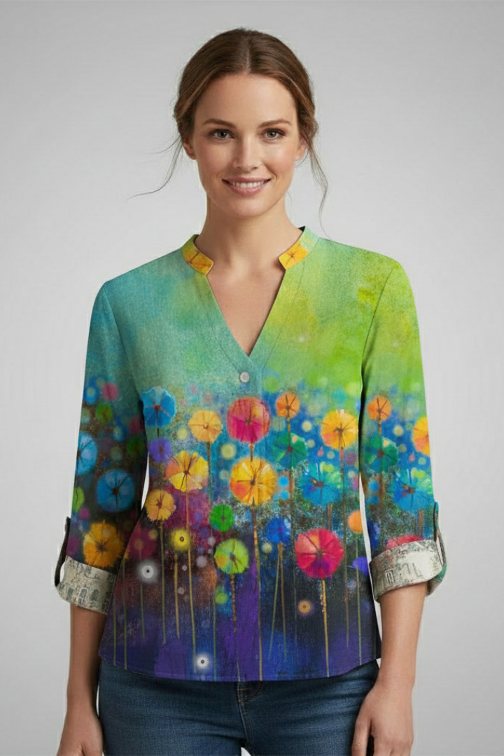Abstract print blouse front angle on gray background