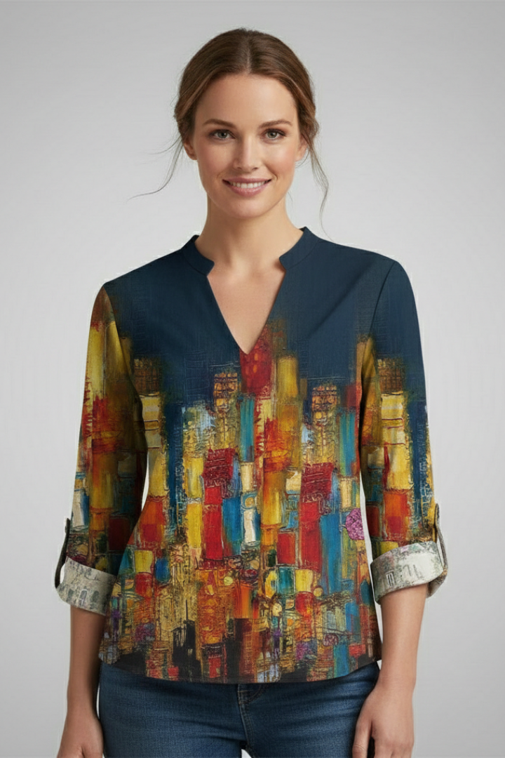 Lightweight patterned blouse with notch neck front view