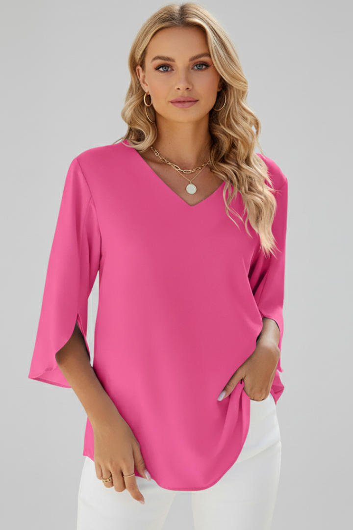Smart woman look in pink blouse clean catalog image white background