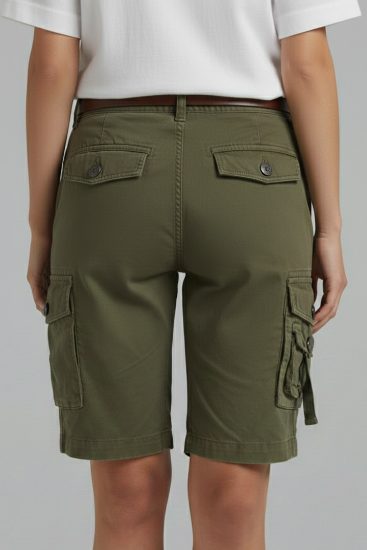 Female model back angle wearing casual shorts gray