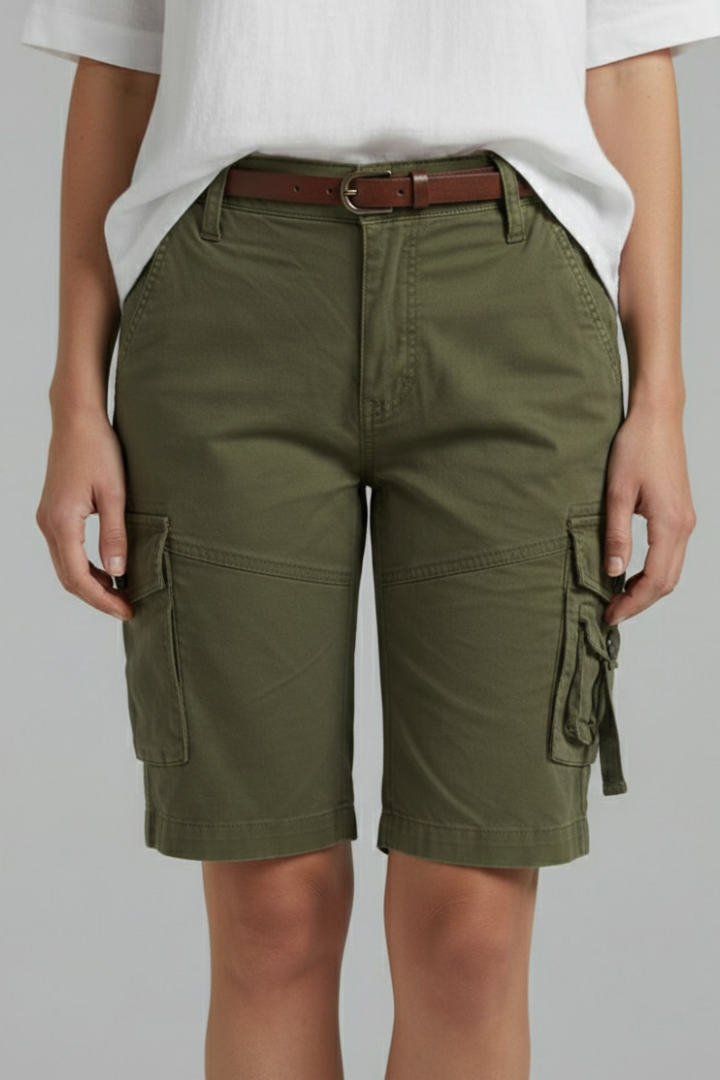 Woman with belt pocket shorts with front close up pose 