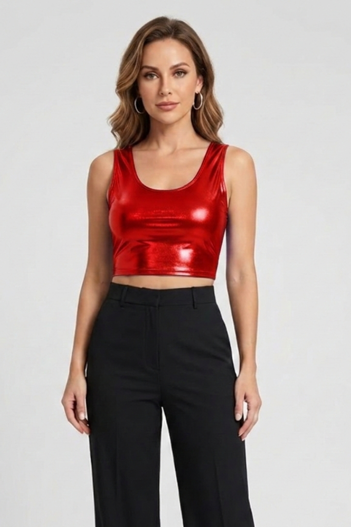 Shimmering red cropped sleeveless blouse front body view