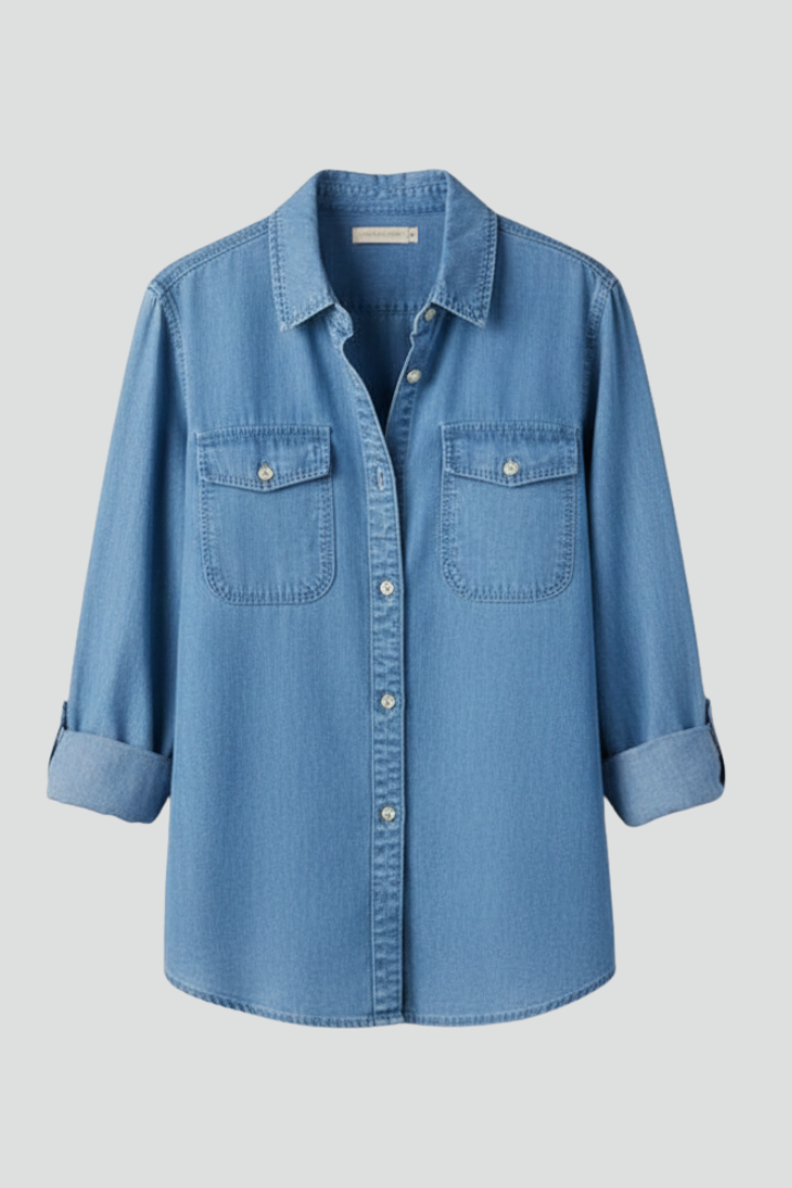 Front angle of relaxed blue shirt clean backdrop
