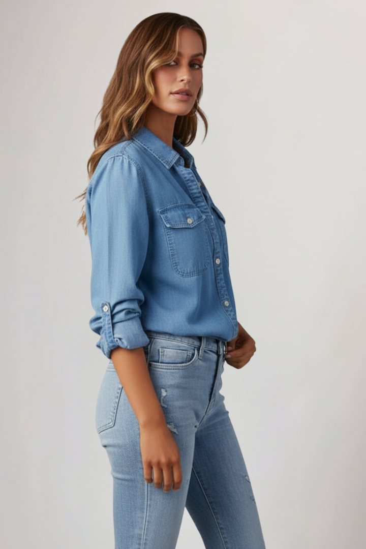 Straight-on image of chambray blouse with flap pockets