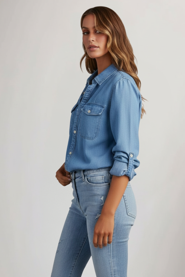 Women's casual blue overshirt shown from side angle clearly