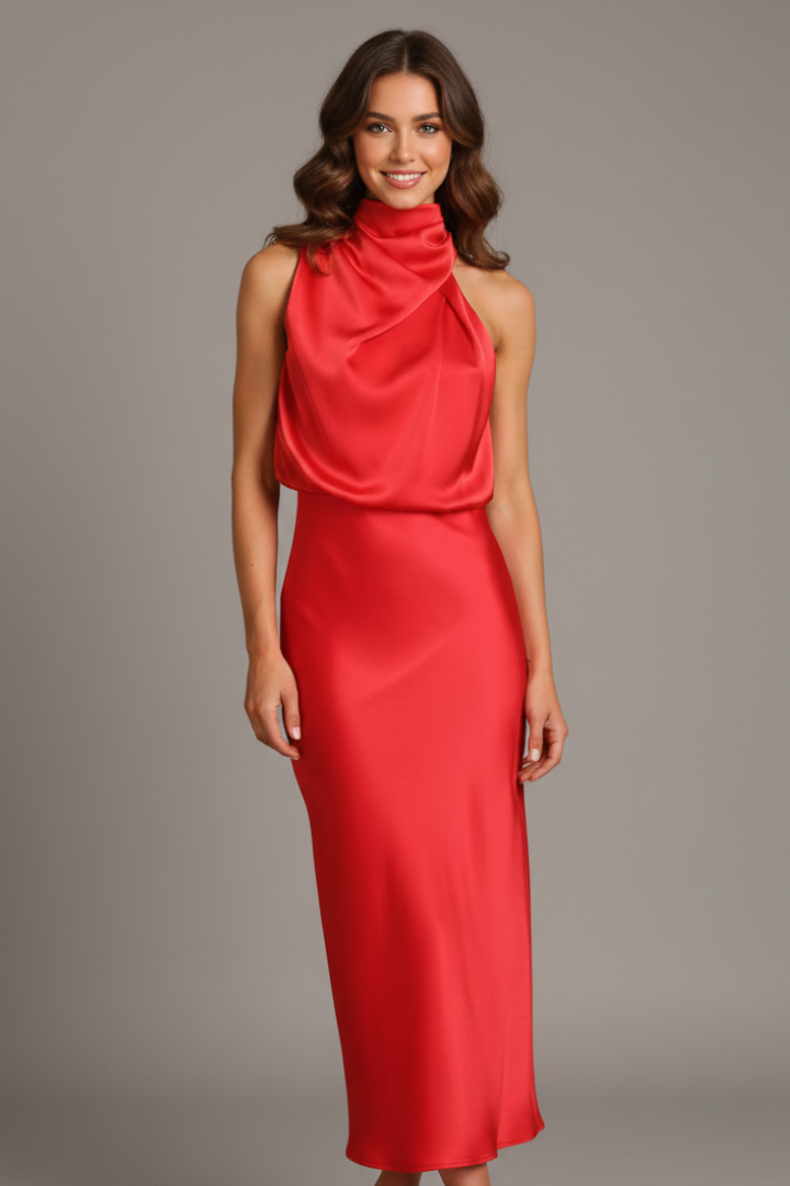 Female model highlighting draped front detail and straight waistline.