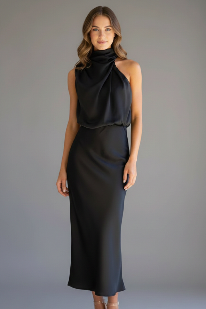 Woman wearing stylish sleeveless evening dress with gathered neckline.