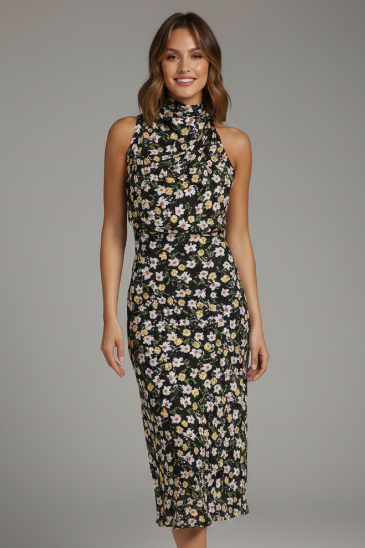 Woman showing back angle of sleeveless elegant formal dress.