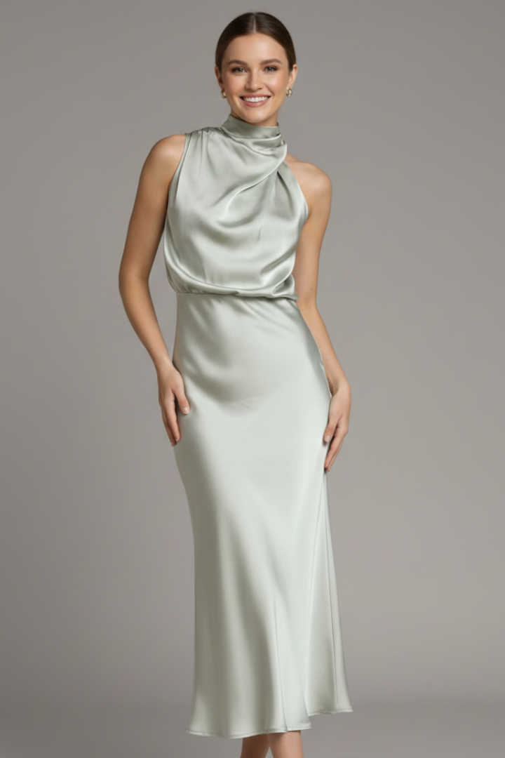 Female model showing front view of elegant long dress.