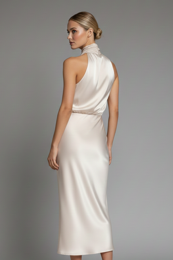 Female model showing back view of long elegant dress.