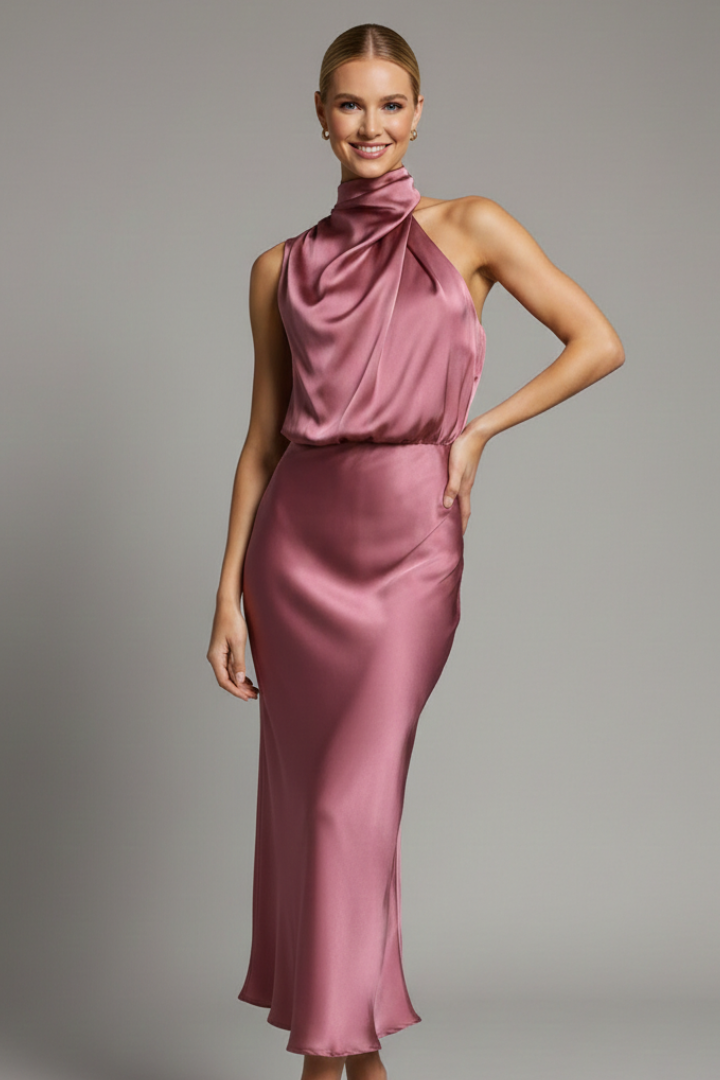 Woman posing in sleeveless gathered neckline dress, plain gray background.