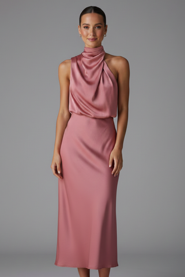 Woman posing in chic sleeveless dress against plain gray background.