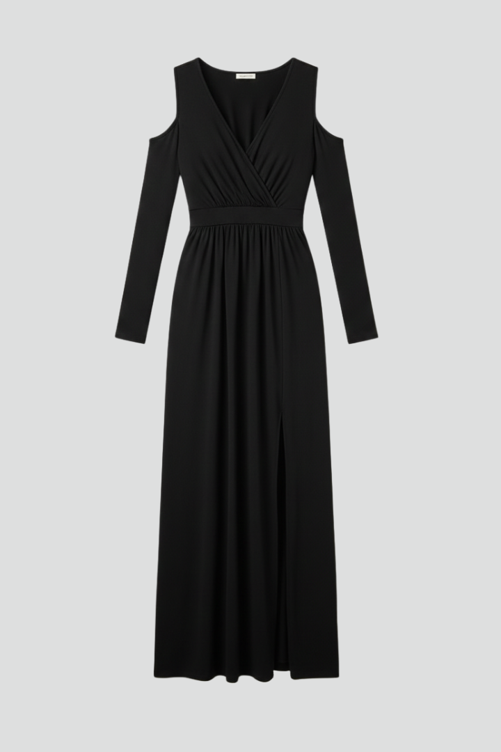 Dress showcasing shoulder cut-outs gray background shot