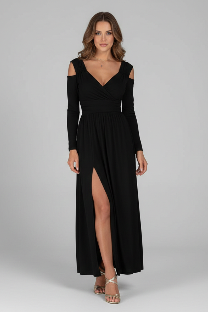 Model wearing maxi black dress in front view, gray background