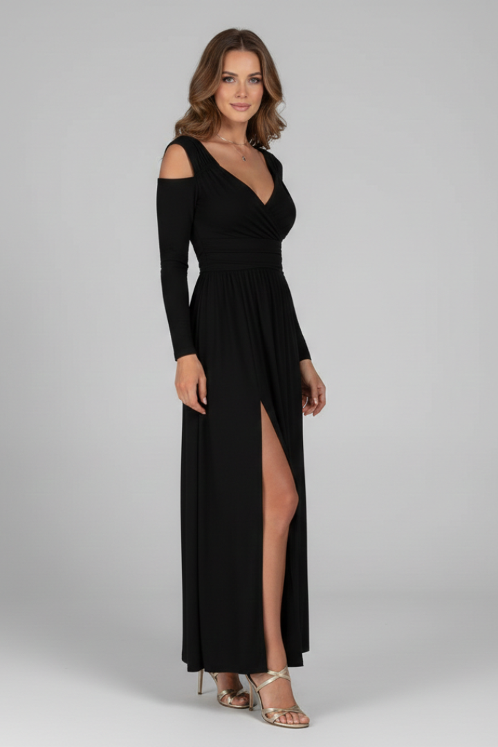 Model showing side angle dress in gray background photo