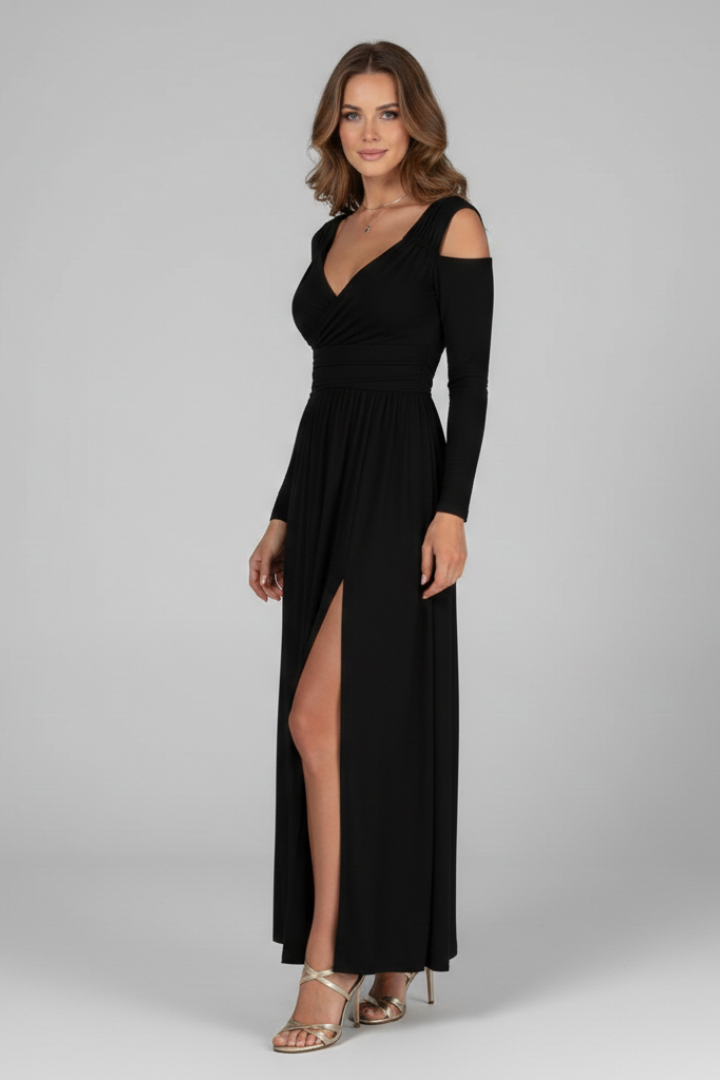 Model showcasing sleeve details in gray background image
