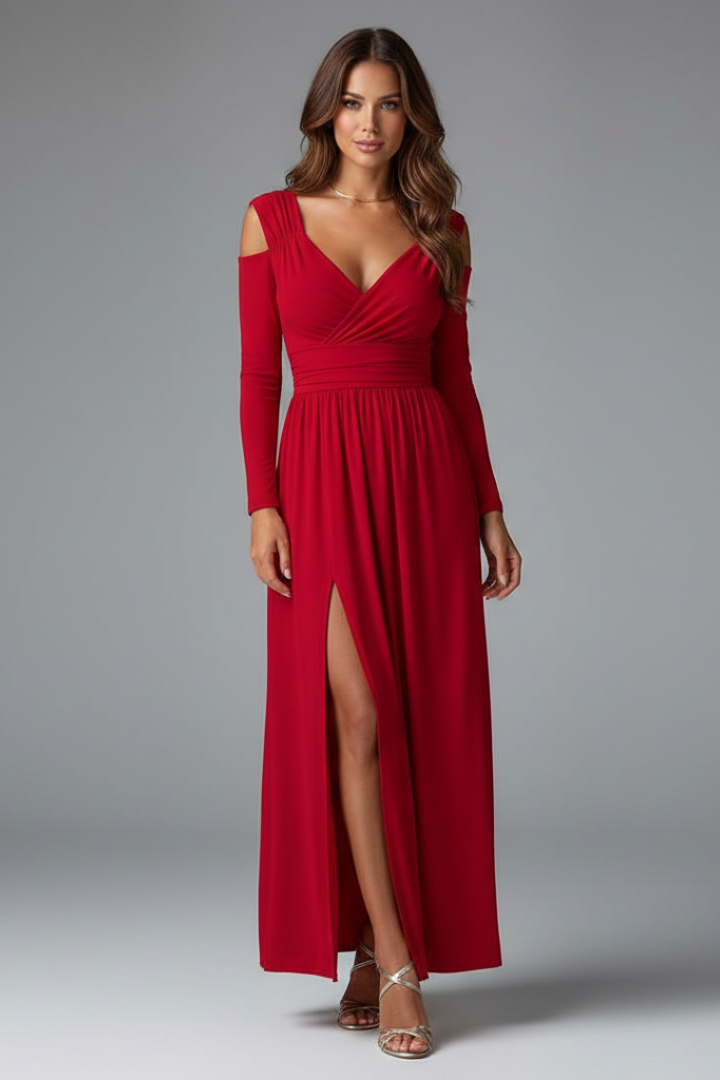 Sophisticated model wearing party red dress