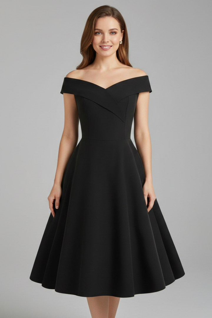 Front view off-shoulder midi dress on gray background