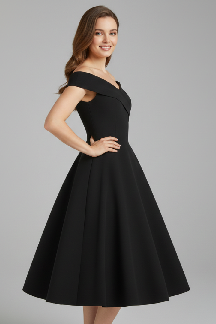 Side angle women’s black midi dress with full skirt