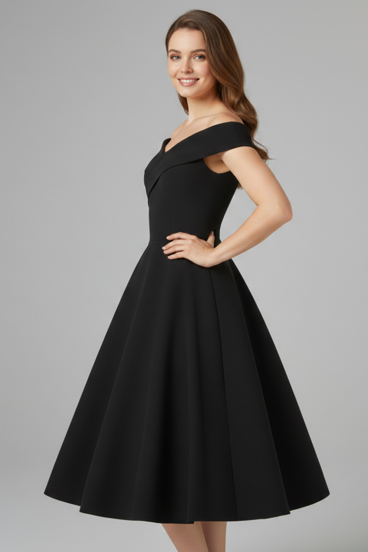 Side angle view of model wearing off-shoulder dress 