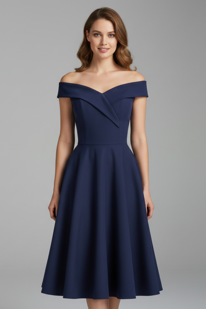 Front studio image of flared women’s midi dress