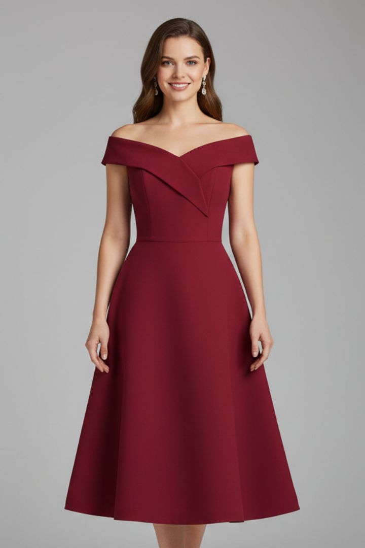 Model wearing flared midi dress against gray background