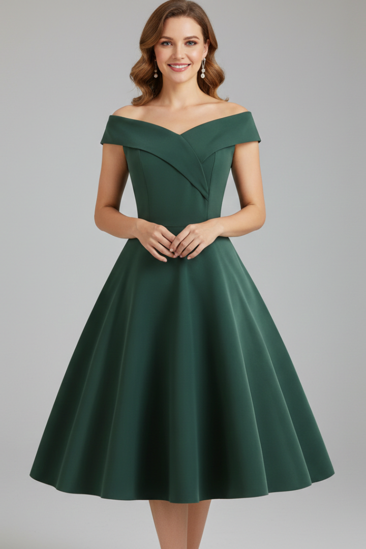 Full body front shot of model wearing elegant midi dress