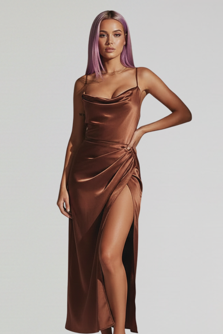Woman showcasing a flowing evening dress on a plain background.