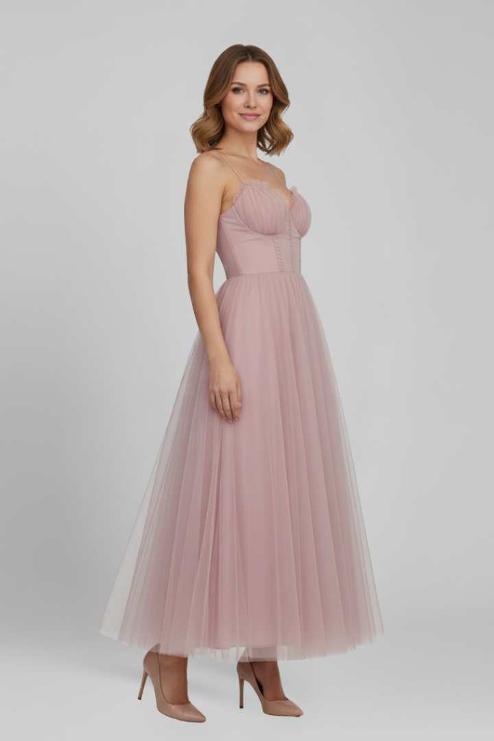 Layered tulle midi dress side pose gray background