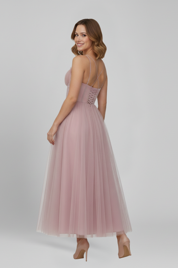 Elegant sleeveless dress back view gray background