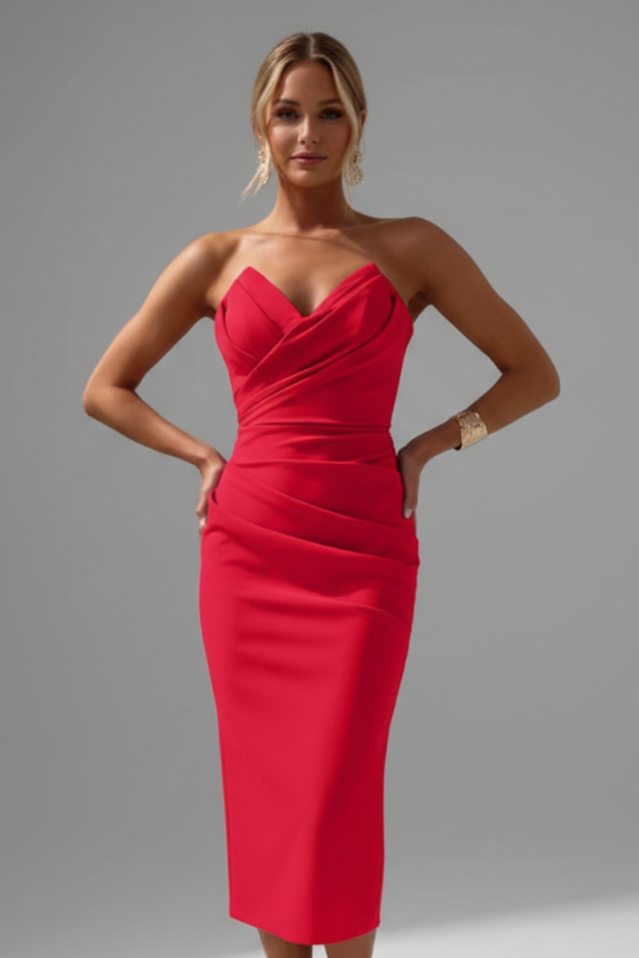 Close front angle of strapless elegant dress with model