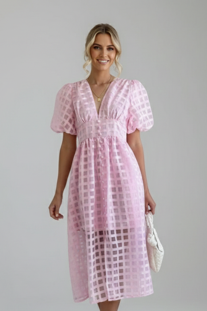 Model showcasing midi lace dress front pose