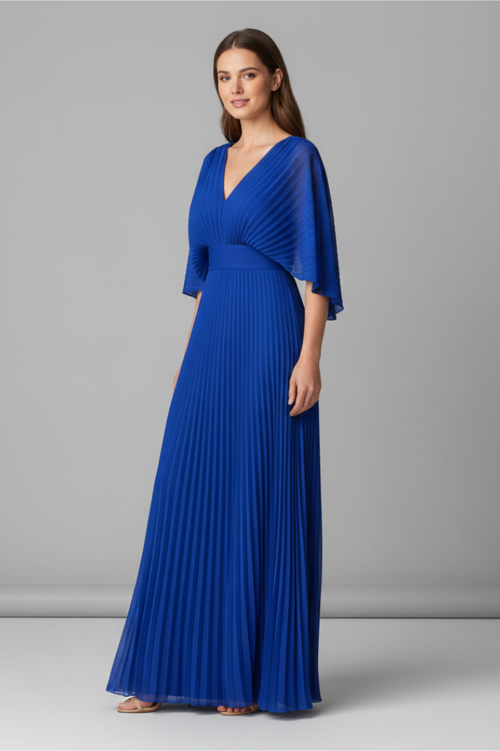 Side view model in long sleeve blue maxi dress