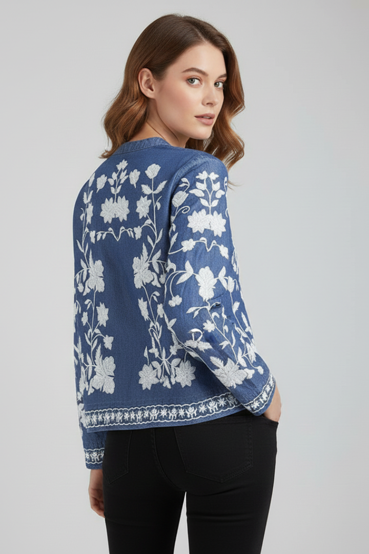 Floral stitched lady in blouse with polished back design