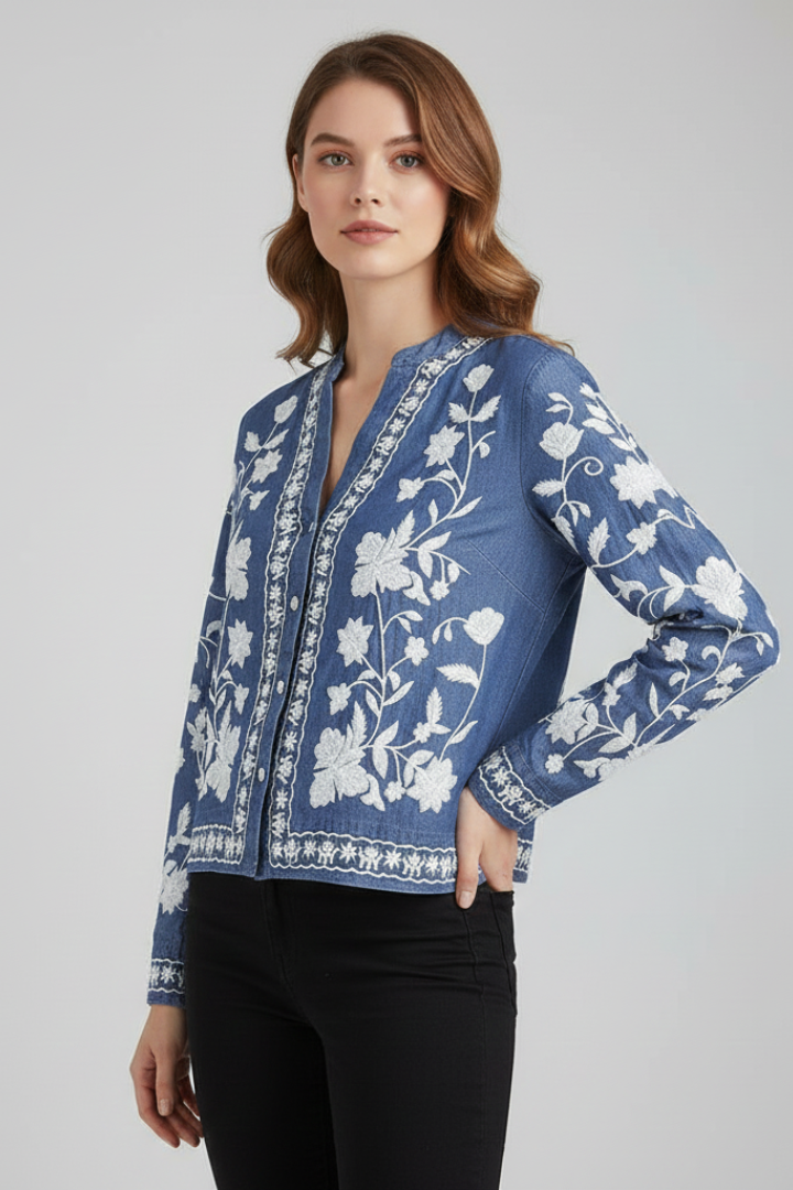 Long sleeve floral top isolated on gray backdrop