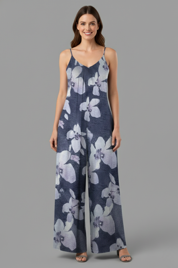 Female model wearing a wrap V-neck top with wide-leg lounge pants on a plain background.