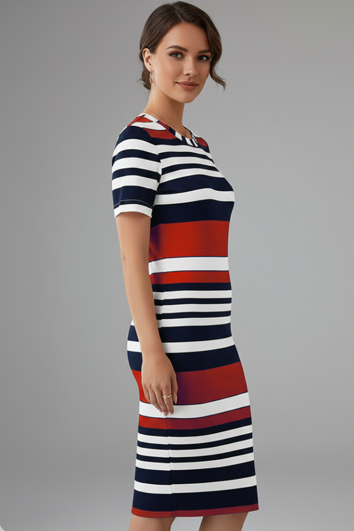 Female model front angle wearing striped knee-length dress on gray.