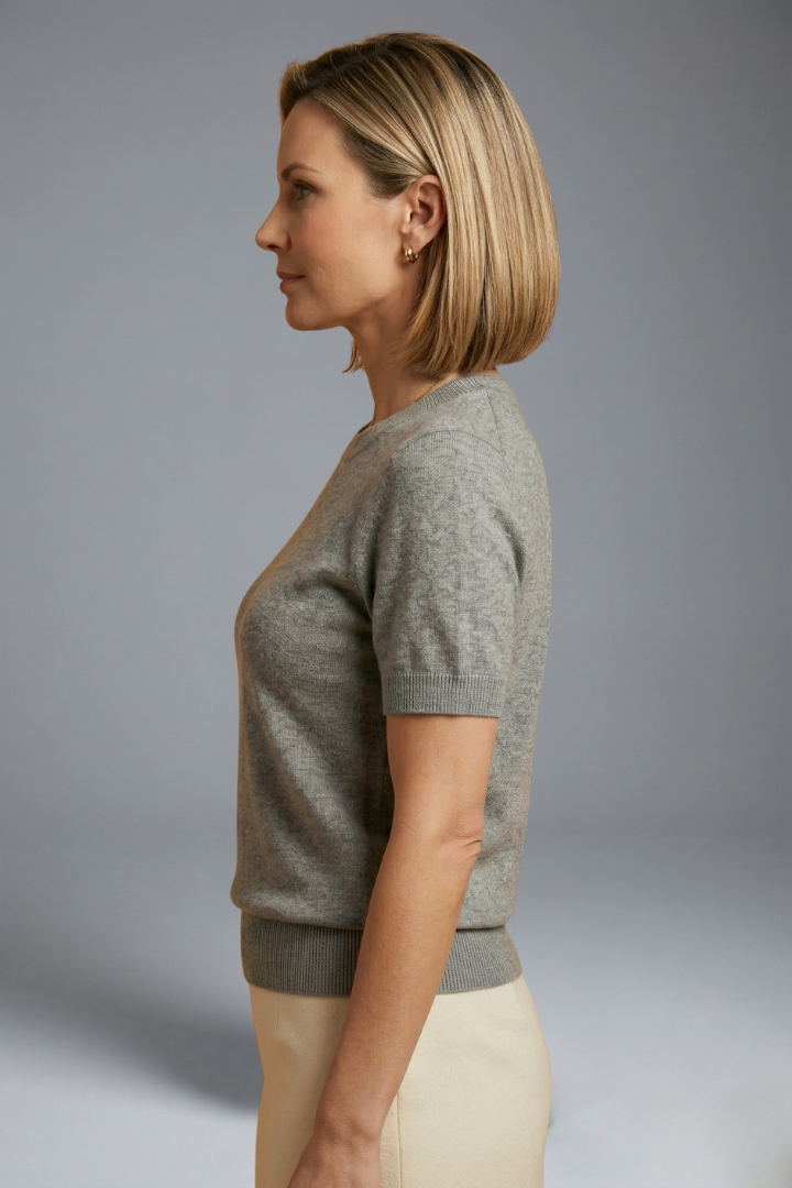 Side view casual knit top close-up side detail