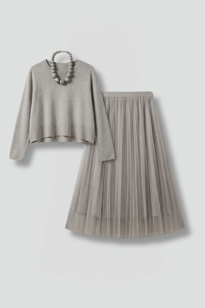 Front view layered midi two pieces dress on gray background