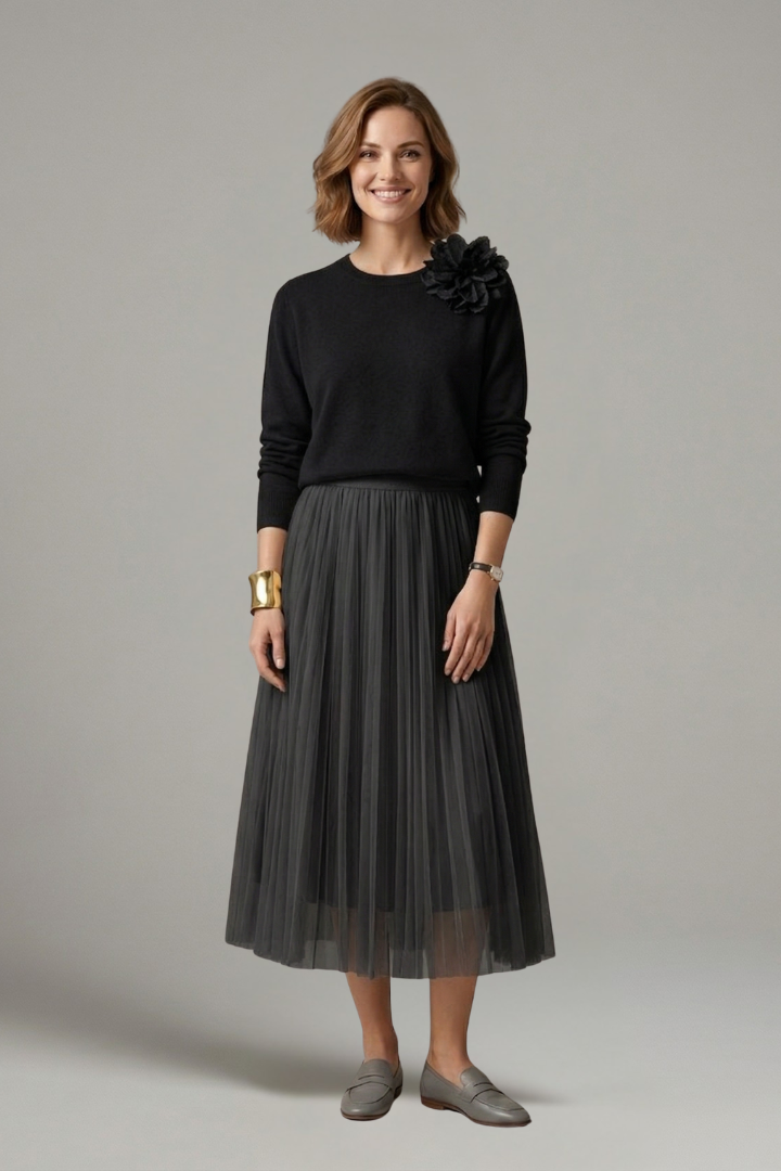 Elegant modest two pieces dress front angle gray background