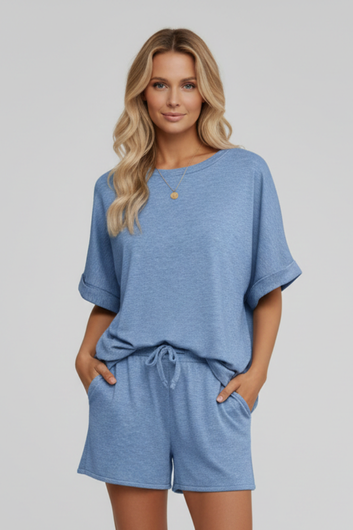 2 pieces blue lounge outfit displayed on white background