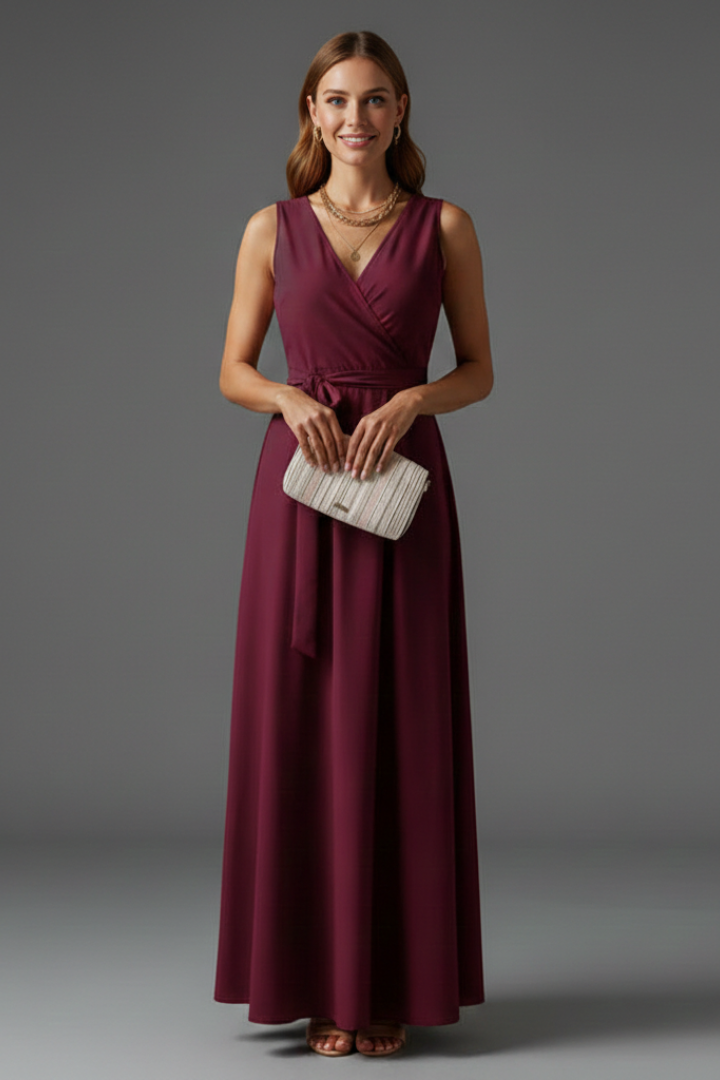 Woman in sleeveless maxi dress standing on plain gray background.
