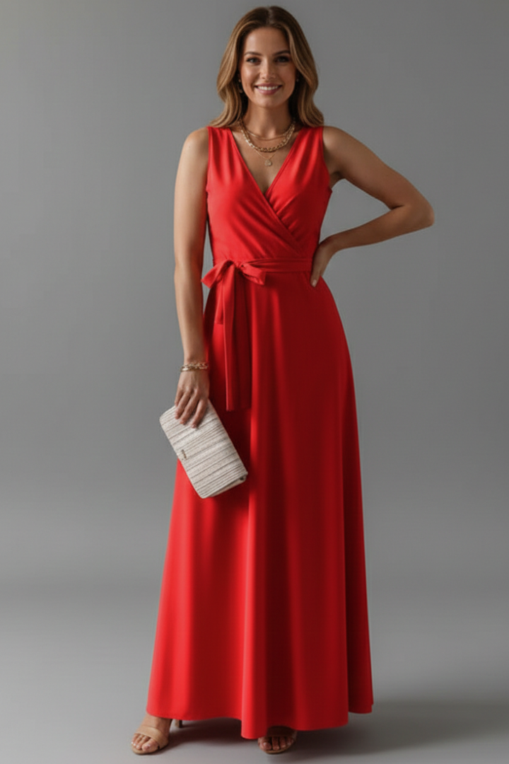 Woman wearing sleeveless long dress front view on plain gray background.