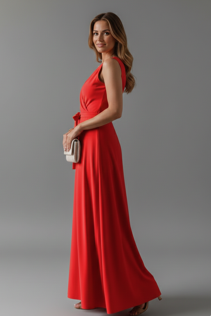 Female model posing sideways in flowing long dress on gray background.