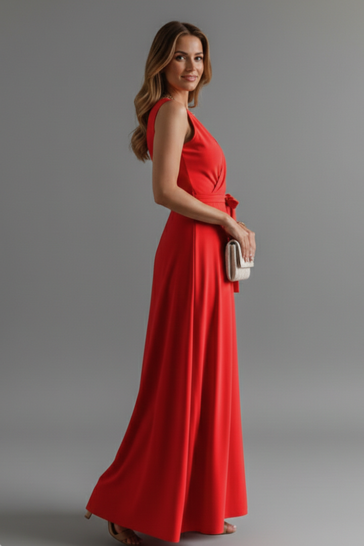 Female model in elegant sleeveless dress full length gray backdrop.