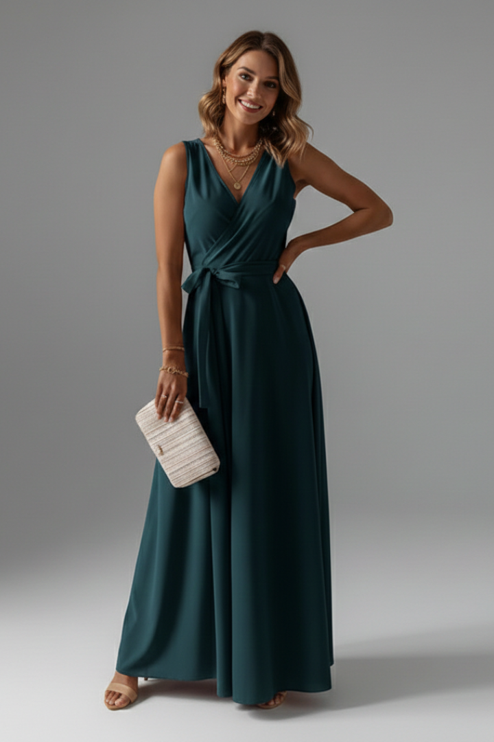 Woman displaying floor-length dress front angle on plain gray background.