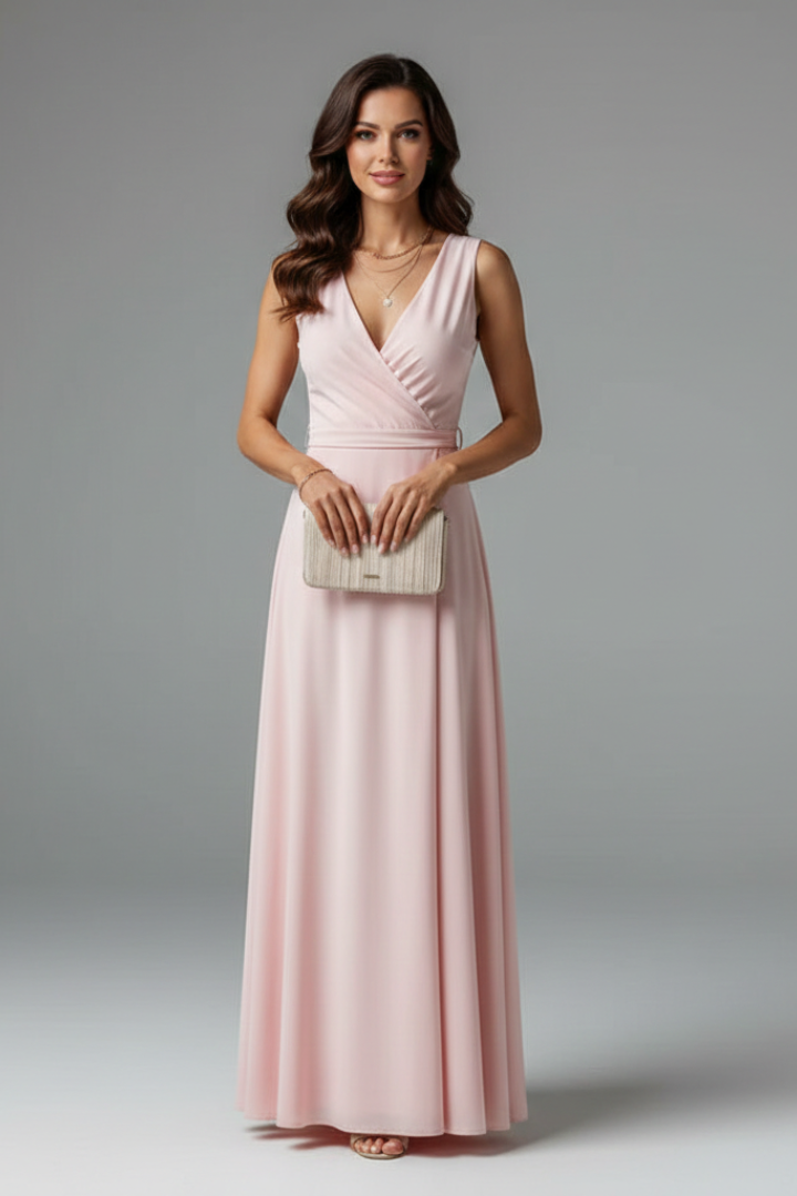 Female model wearing woven long dress with tied waist detail.