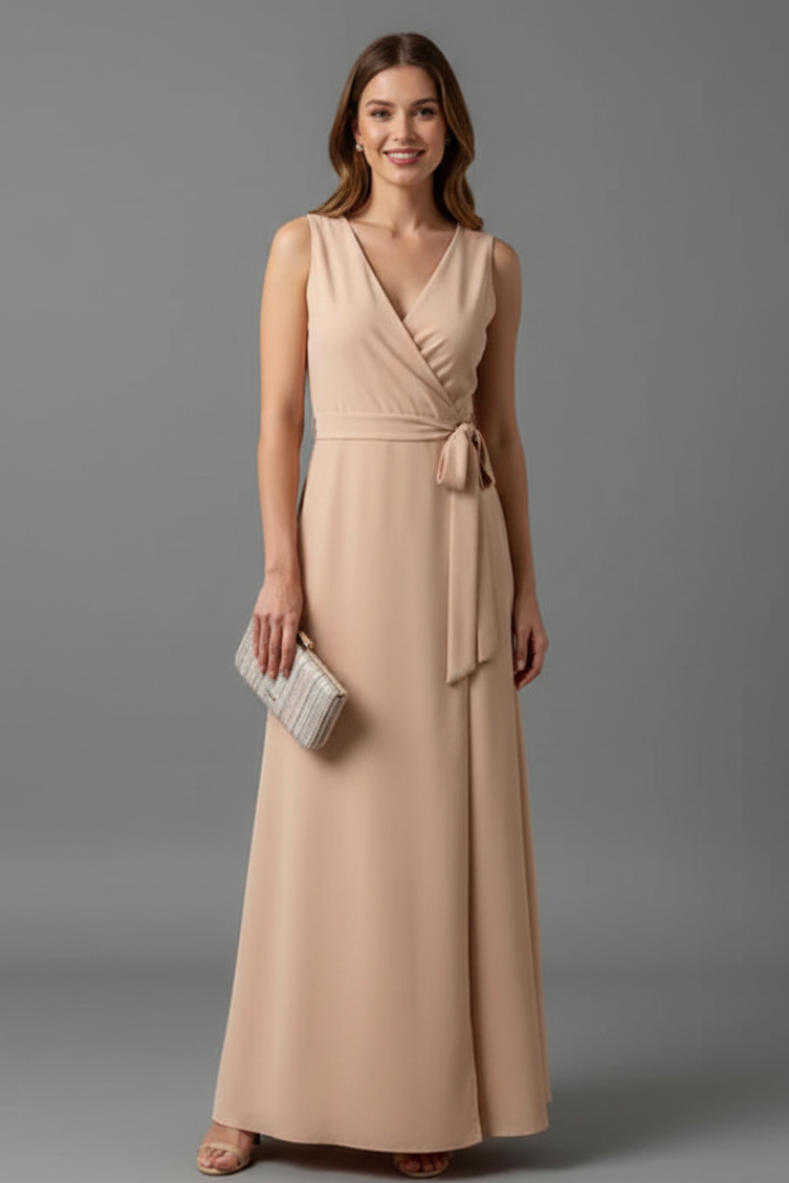 Female model showing side profile of long flowing dress gray.