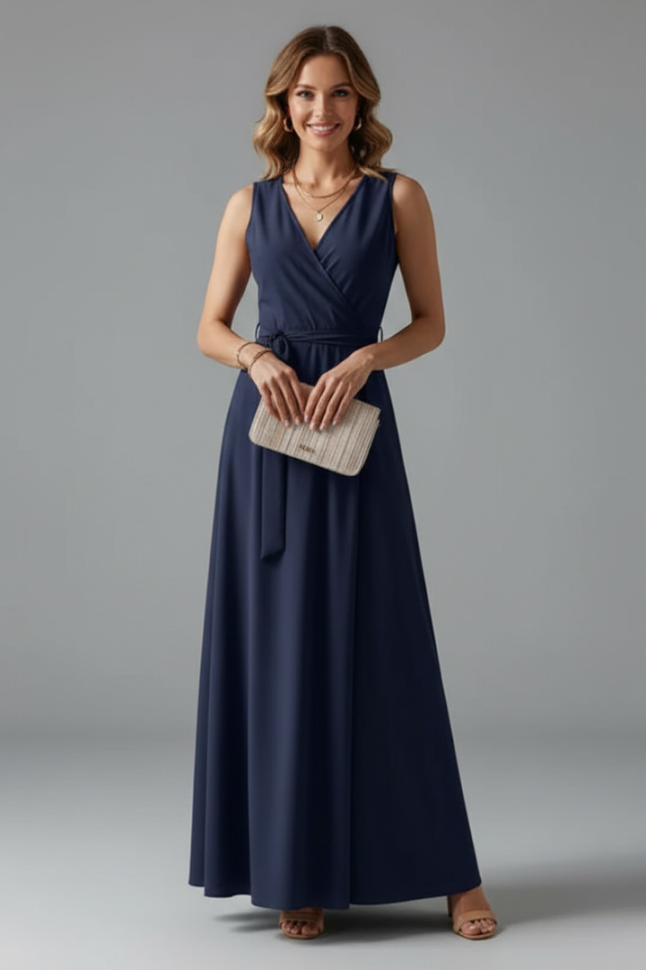 Female model posing in plain woven dress on gray backdrop.